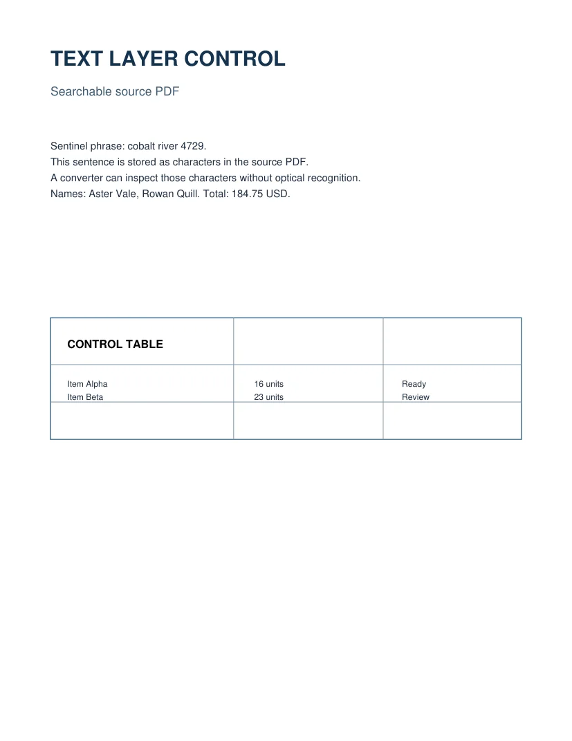 Controlled searchable PDF with heading, prose, and a ruled table