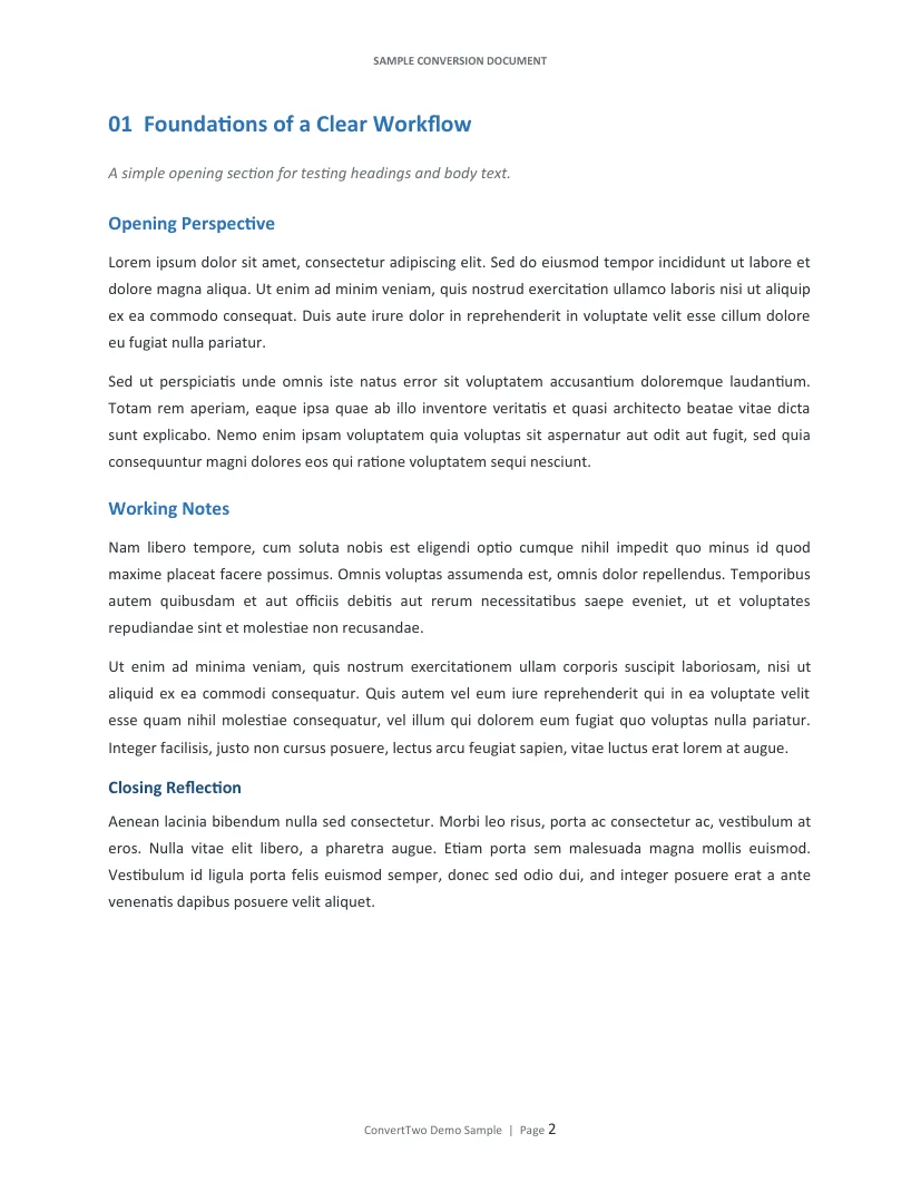 Page 2 of the PDF generated from the sample Word document