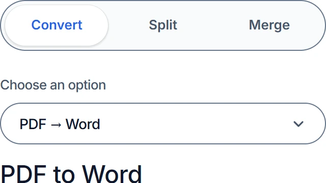 ConvertTwo conversion dropdown with PDF to Word selected