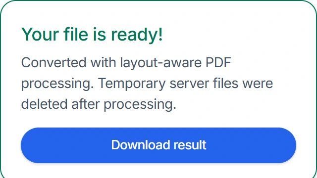 Successful PDF to Word result with the Download result button