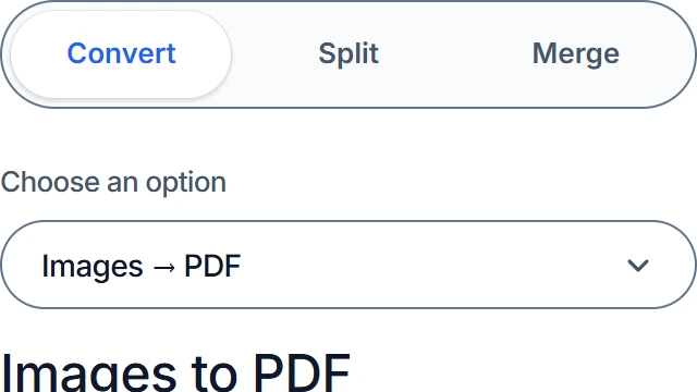 Converttwo conversion selector with Images to PDF selected