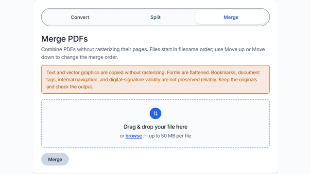Converttwo PDF tools with the Merge tab selected