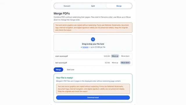 Completed Merge PDFs result with the file and page count and Download result button