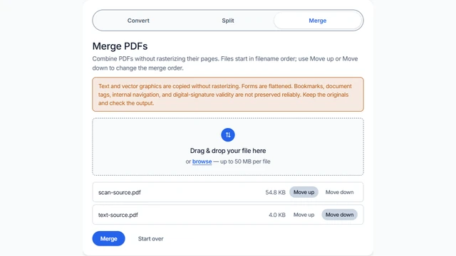 Merge PDF upload area showing two selected demonstration PDFs and the Merge button
