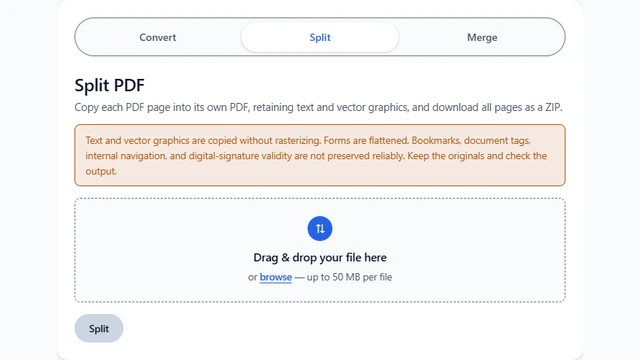 Converttwo PDF tools with the Split tab selected