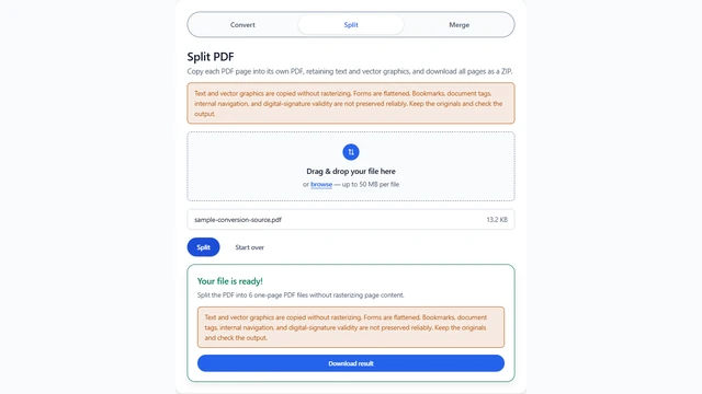 Completed Split PDF result with the page count and Download result button
