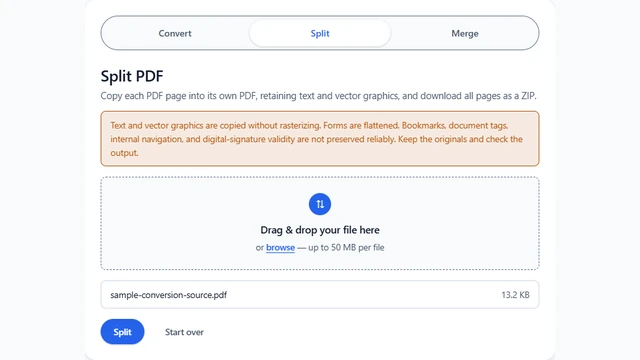 Split PDF upload area showing one selected demonstration PDF and the Split button