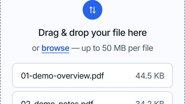Merge PDF upload area with two harmless demonstration PDFs selected