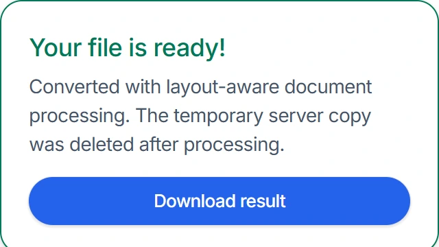 Successful Word to PDF result with the Download result button